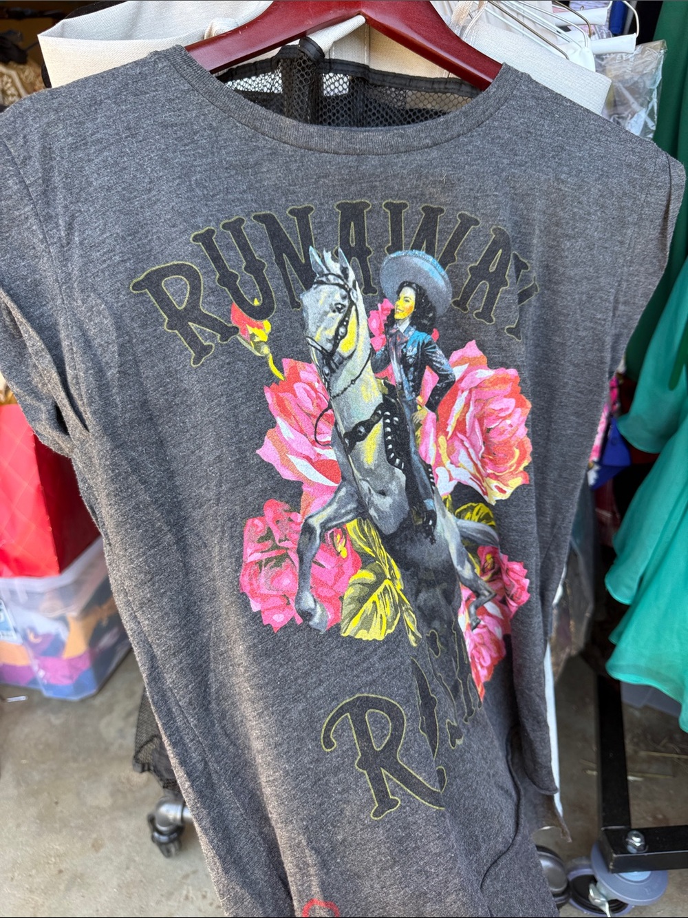 Runaway Rider Graphic Tank - Charcoal with Pink Floral